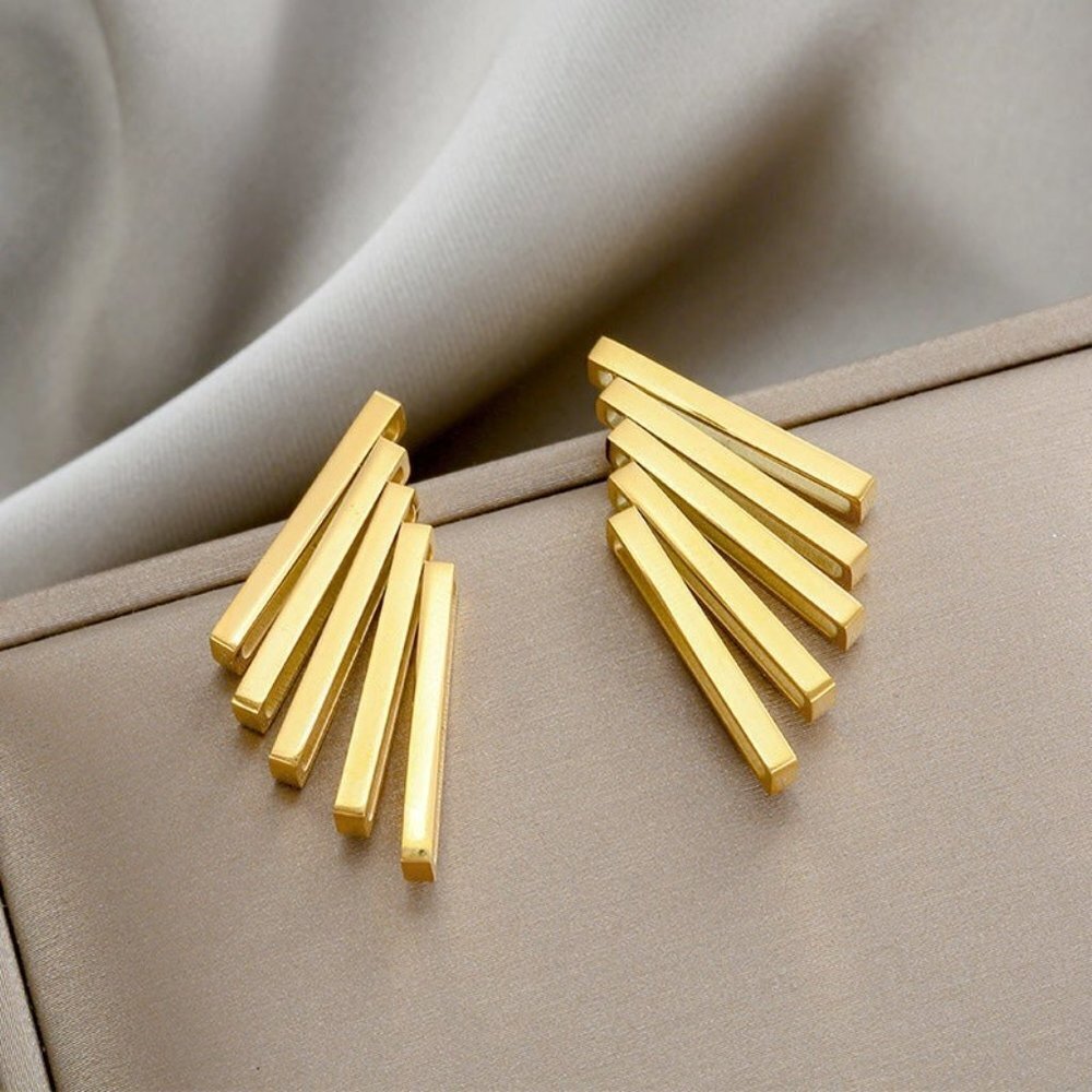 Gold Color Rectangular Stud Earrings - image 2